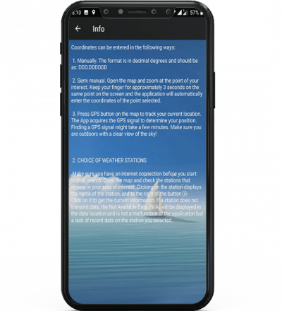 Marine Forecast App info page on mobile screen