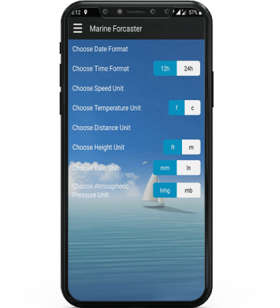 Marine Forecast App different option page on mobile screen