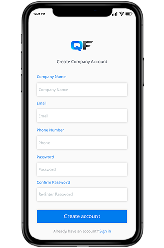 Quickfill App create Account page on Mobile screen