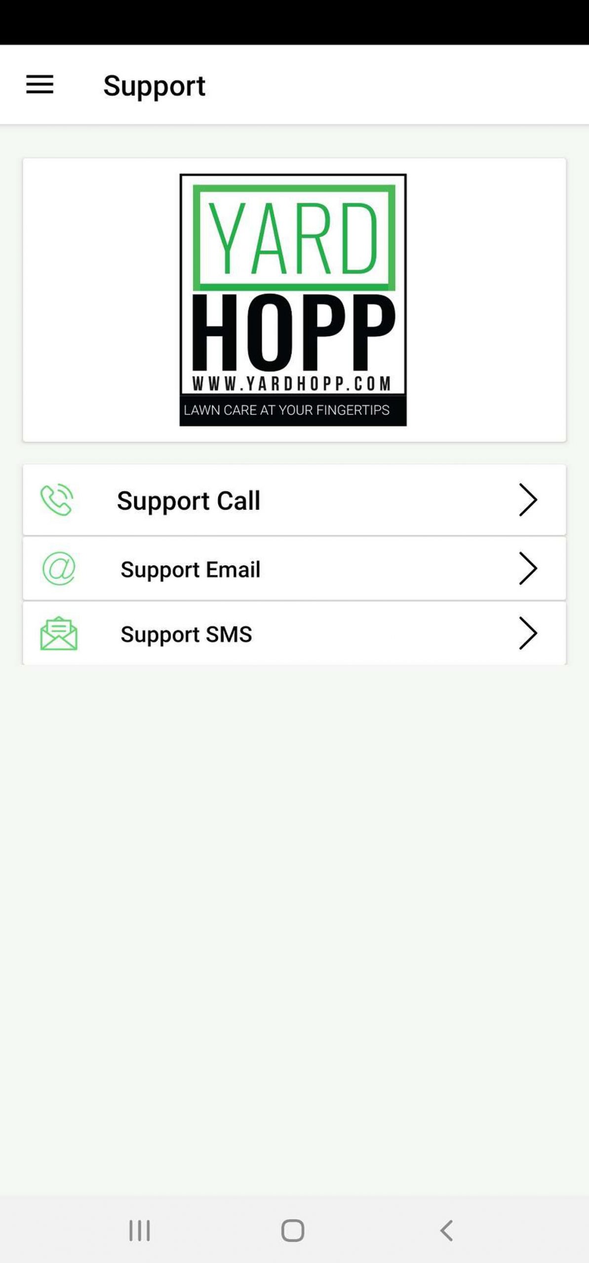 Yardhopp App support page on mobile screen