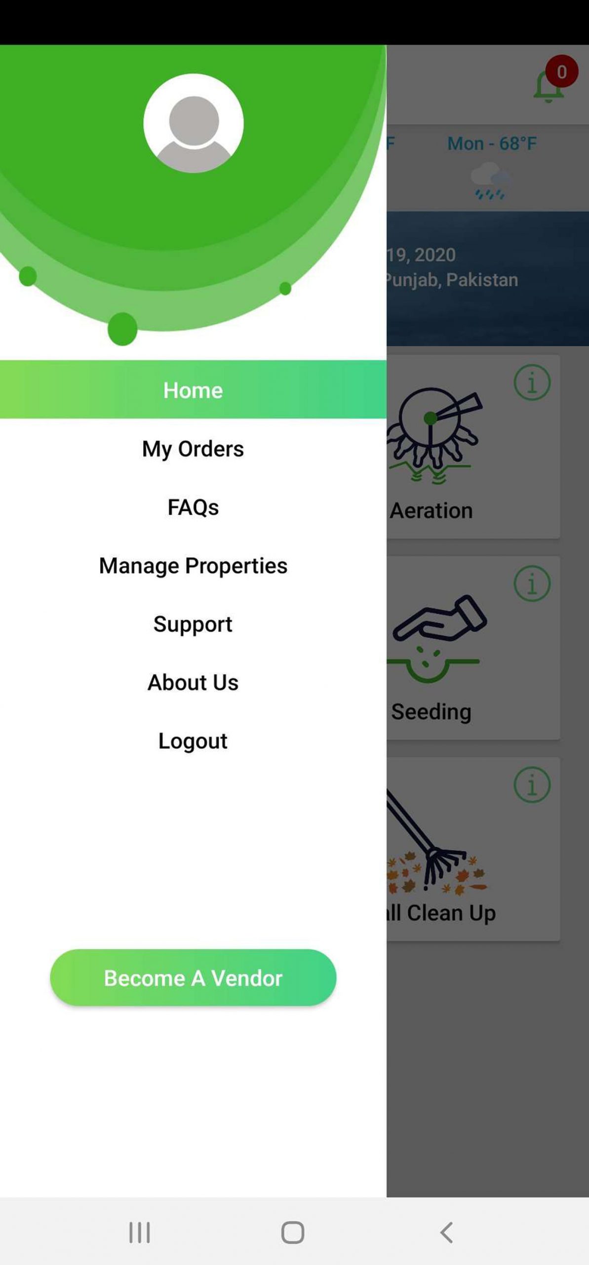 Yardhopp App Account menu page on mobile screen