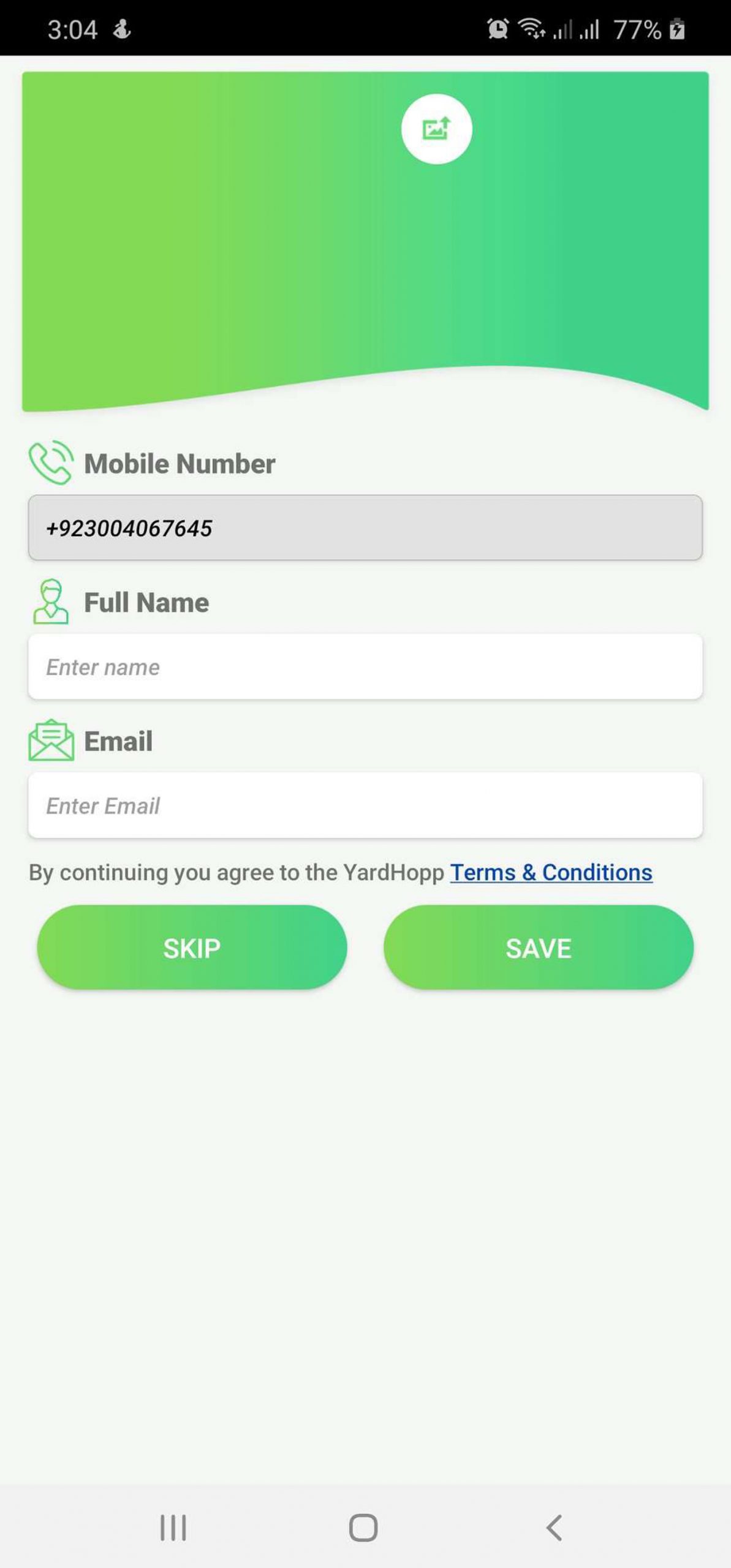 Yardhopp App Account creation detail page on mobile screen